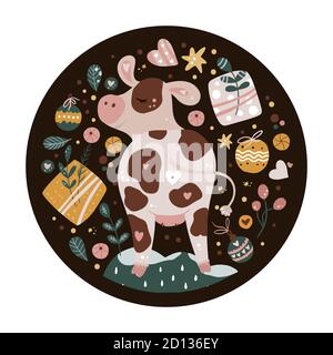 Christmas cute cartoon round cow with gift box. Vector illustration. Animal ornate card with winter decorations. Perfect for kid apparel print and greeting poster. New Year 2021. Stock Vector