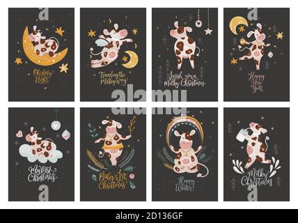 Christmas cow cartoon vector card banner set. Greeting New Year poster collection with hand drawn lettering quote. Kid Xmas farm print postcards. Winter farm animal drawing in a flat style. Stock Vector