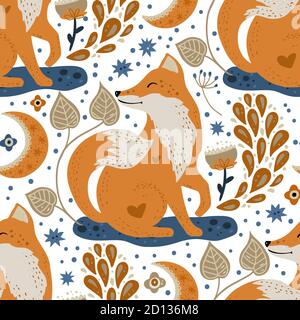 Nordic scandinavian fox animal seamless vector folk sitting among flowers pattern. Ornate woodland detailed textured cartoon wallpaper on a white background. Stock Vector