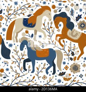 Nordic scandinavian horse animal seamless vector pattern. Cartoon ornate detailed mustangs illustration among beautiful nature on a white background. Kid flower and mustang wallpaper. Stock Vector