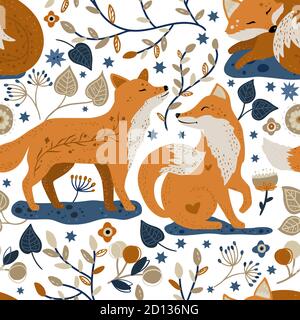 Nordic scandinavian fox couple in love animal seamless vector folk pattern. Ornate woodland detailed cartoon kid floral wallpaper on a white background. Stock Vector