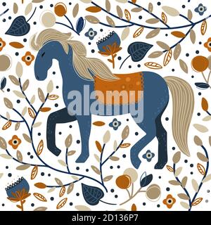 Nordic scandinavian horse animal seamless vector pattern. Cartoon ornate detailed illustration on a white background. Kid flower and mustang folk wallpaper. For textile and apparel. Stock Vector
