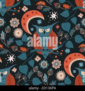 Nordic scandinavian wild owl bird seamless vector pattern. Hand drawn cute cartoon illustration on a dark background. Stock Vector