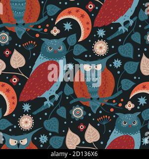 Nordic scandinavian wild owl bird couple among stars, flowers and moon seamless vector pattern. Hand drawn cute cartoon illustration on a dark background.Love nature design. Stock Vector
