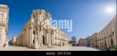 Panorama of an empty Piazza Duomo and of the Cathedral of Syracuse in Sicily Stock Photo