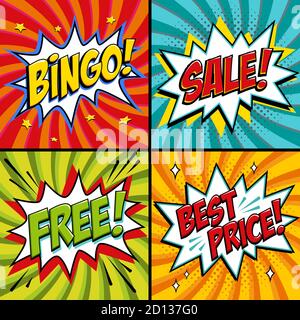 Pop-art web banners. Bingo. Free. Sale. Best price. Lottery game background. Comics pop-art style bang shape on a red twisted background. Ideal for Stock Vector