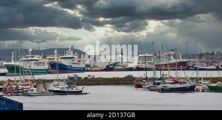 With the marina in the foreground, the boats of the Whalsay pelagic fishing fleet moored behind and the Northlink Ferry at the Holmsgarth Terminal, a Stock Photo