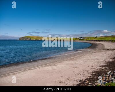 With the headland of the Neap of Norby in the distance, the sand beach at Melby near Sandness on the west coast of Mainland,  Shetland, Scotland, UK Stock Photo