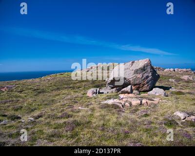 An erratic boulder on the Hill of Tongues on Muckle Roe, Shetland, UK - bedrock in this area is of the Muckle Roe Intrusion - granite, granophyric - i Stock Photo