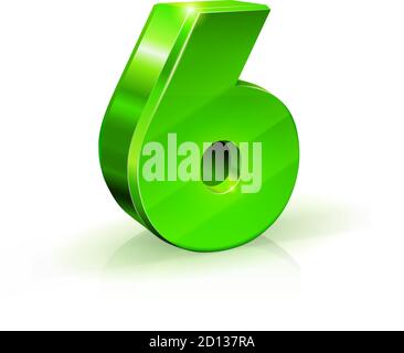 Glossy green Six 6 number. 3d Illustration on white background. Stock Vector