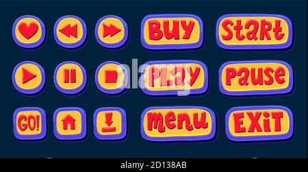 Hand drawn 3d web buttons for the player. Like, rewind, play, pause, stop. internet button set color Stock Vector