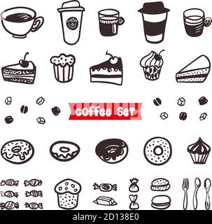 Coffee Attributes set. Outline Hand Drawn elements. Different cups of coffee Espresso, cappuccino, latte, ristretto, americano, raf, makiato Stock Vector