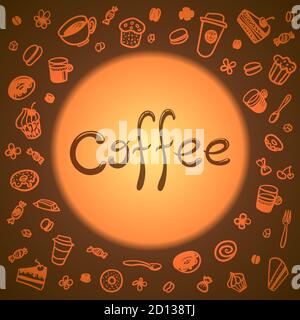 Background with a pattern of a cups of coffee, sweets, cakes and delicious donuts. Coffee Attributes Color Hand Drawn Seamless Pattern. Coffee Sketch Stock Vector