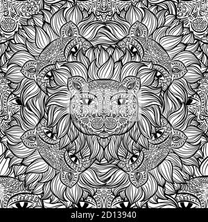 Seamless pattern with a lion heads on a white background. Hand drawn black and white vector pattern. Stock Vector