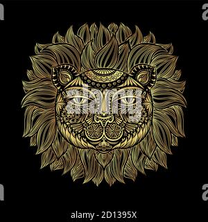 Golden Lion head. Tribal pattern. Image of a lion head on a black background. Can be used for logo, tattoo, horoscopes, T-shirt graphic, etc. Stock Vector
