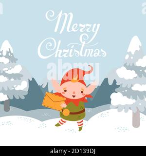 Merry christmas vector with Christmas elf with letter in winter landscape Stock Vector