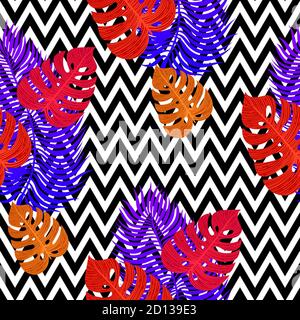 Tropical seamless pattern with exotic vivid leaves on black and white zigzag background. Monstera, palm, banana leaves. Exotic textile botanical Stock Vector