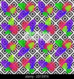 Tropical seamless pattern with exotic vivid leaves on black and white tribal rhombus background. Monstera, palm, banana leaves. Exotic textile Stock Vector