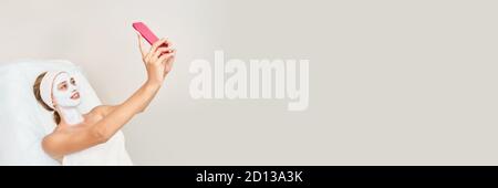 Portrait of moisturizing mask on white background for medical design. Woman Stock Photo