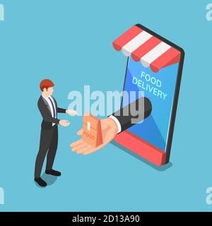Flat 3d Isometric Businessman Hand Come Out from Smartphone Screen and Delivering Food. Online Food Order and Delivery Service Concept. Stock Vector