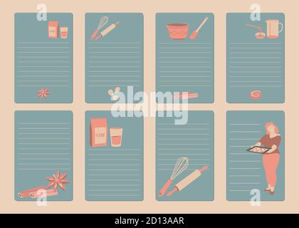 Recipe cards, cookbook blank. Cookbook or shopping list pages. Stock Vector