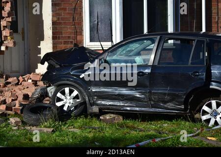 The remains of a Ford Fusion after a 15-year old crashed the car into a house in Kingstanding, Birmingham and ruptured a gas main Stock Photo