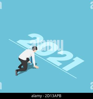 Flat 3d Isometric Businessman in Starting Position and Ready to New Year 2021. Start New Career and New Year Challenges Concept. Stock Vector