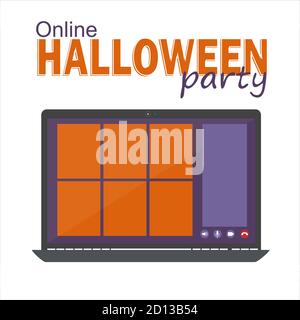 Online Halloween party concept, computer screen have video conference to celebrate, video call template, flat vector illustration Stock Vector