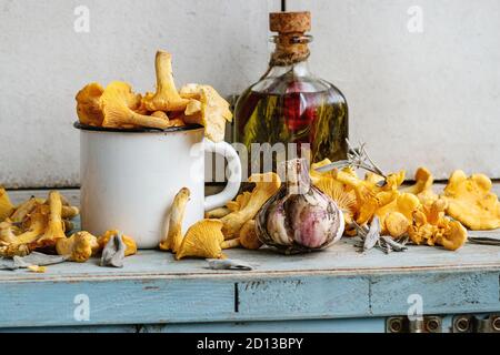 Raw uncooked Chanterelles forest mushrooms in white enameled mug on blue white wooden kitchen table with garlic and bottle of olive oil. Rustic style,