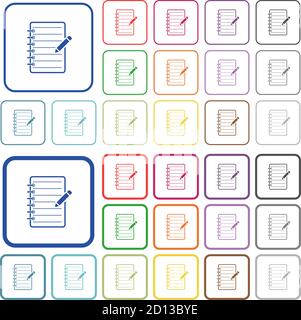 Spiral notepad with pencil color flat icons in rounded square frames. Thin and thick versions included. Stock Vector