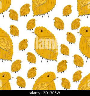 Seamless pattern with chickens made of yellow birch leaves isolated on white background for use in your design. Stock Vector