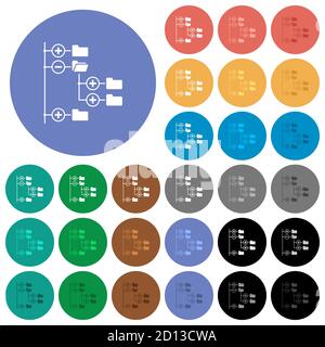 Directory browser multi colored flat icons on round backgrounds. Included white, light and dark icon variations for hover and active status effects, a Stock Vector