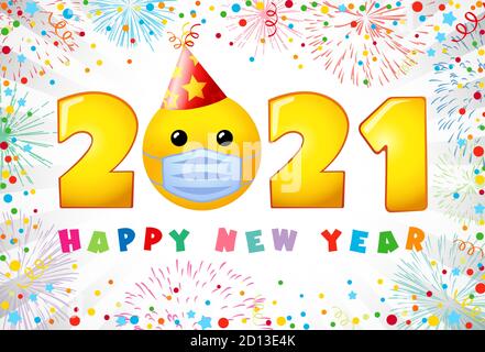 2021 A Happy New Year holiday card. Winter backdrop, fireworks, lock down symbol yellow face Decorative icon Isolated abstract graphic design template Stock Vector