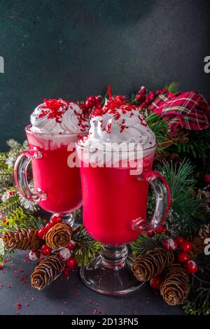 Trendy original winter Christmas hot chocolate recipe idea, Red velvet hot chocolate over festive background copy space Stock Photo