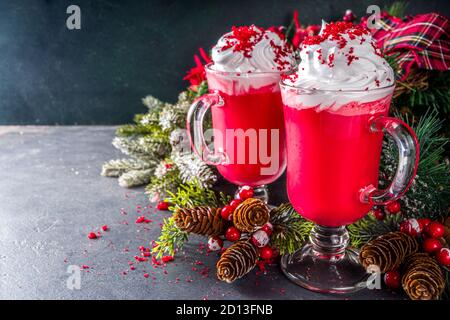 Trendy original winter Christmas hot chocolate recipe idea, Red velvet hot chocolate over festive background copy space Stock Photo