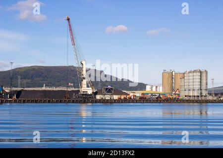 27 September 2020 A view across Belfasts dockland from HMS Caroline in the Titanic Quarter with Carrs glen and Napoleon's Nose in the background Stock Photo