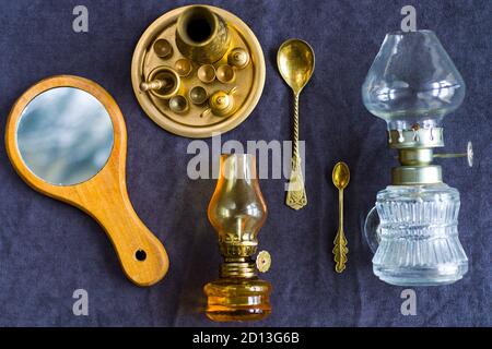 Vintage objects on the table, old beautiful things Stock Photo