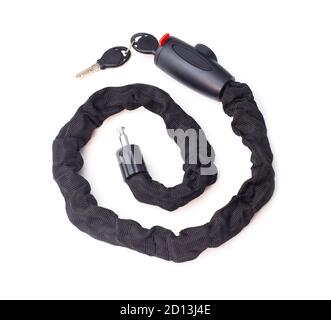 Anti-theft security lock for motorcycle and moped with key on white background, isolate. Close-up, protection Stock Photo