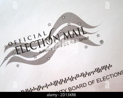 Close up of official election envelope for absentee ballots in New York State. Concept for American 2020 election, mail in voting, voting during Covid Stock Photo