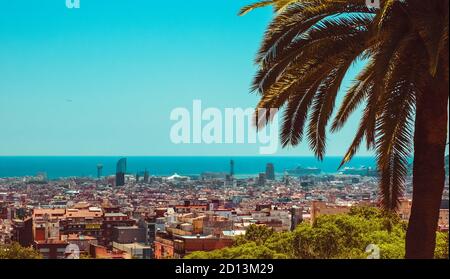 BARCELONA, CATALONIA / SPAIN - AUGUST 03, 2019: View of the Barcelona city from Park Guell Stock Photo
