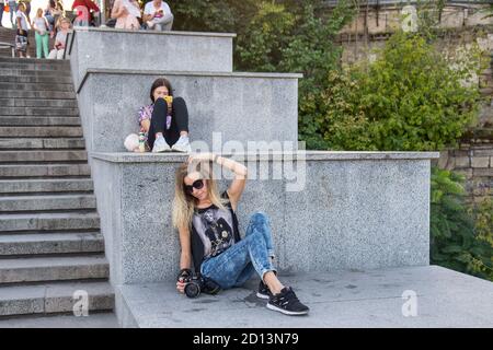 ODESSA / UKRAINE - SEPTEMBER 22, 2018: Girls on the Potemkin stairs in Odessa Stock Photo
