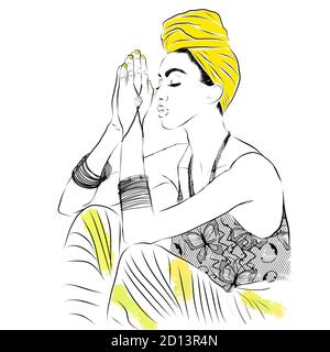 Illustration.A woman has a turban on her head, many bracelets on her hands , the girl sits with her eyes closed , her hands are in namaste .Meditation Stock Photo