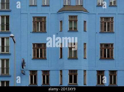 Blue painted residential building exterior suburbs of Vienna, Austria Stock Photo