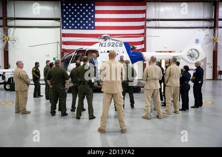 Acting Commissioner Mark Morgan speaks to agents and officers from Air and Marine Operations, U.S. Border Patrol, and Office of Field Operations on August 18, 2020, in Yuma, Arizona Stock Photo
