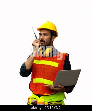 industrial worker using walkie talkie isolated on white background. Stock Photo