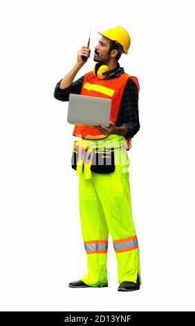 industrial worker using walkie talkie isolated on white background. Stock Photo
