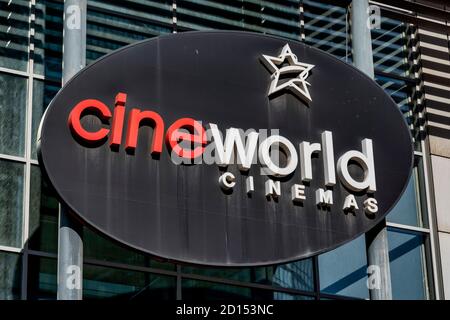 London, UK. 05th Oct, 2020. A Cineworld sign seen in West India Quay, London.Cineworld is on course to cut tens of thousands of jobs after confirming plans to temporarily shut its UK and US cinemas because of the continuing disruption from the coronavirus pandemic. Its announcement to the City on Monday said: 'Cineworld confirms that it will be temporarily suspending operations at all of its 536 Regal theatres in the US and its 127 Cineworld and Picturehouse theatres in the UK from Thursday 8 October 2020.” Credit: SOPA Images Limited/Alamy Live News Stock Photo