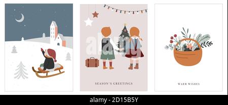 Vintage style cute Scandinavian winter kids greeting cards collection. Children and babies wearing fashion bohemian clothes. Retro style vector Stock Vector