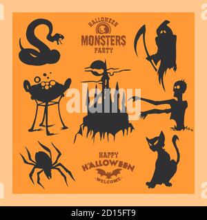 Set of monsters for Halloween. A collection of black silhouettes of mystical creatures. Vector illustration of monsters and witches. Stock Vector