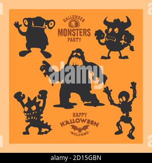 Set of monsters for Halloween. A collection of black silhouettes of mystical creatures. Vector illustration of monsters and witches. Stock Vector
